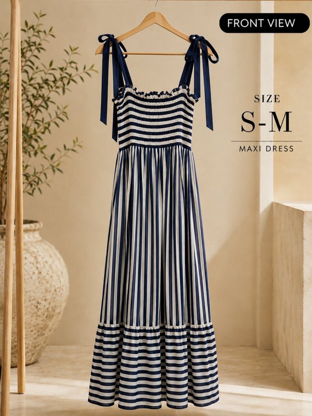 Summersalt Smocked Maxi Dress M Nautical Stripe Blue Mountain Bow Tie - Picture 4 of 13